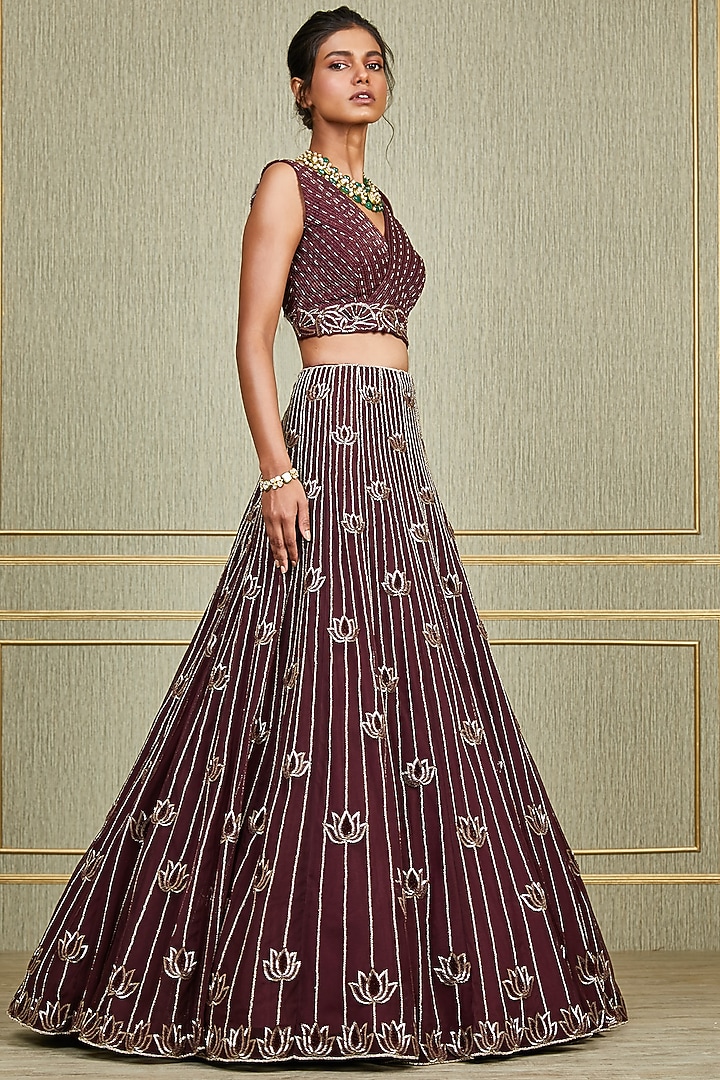 Plum Lotus Hand Embroidered Wedding Lehenga Set by Charu & Vasundhara at Pernia's Pop Up Shop