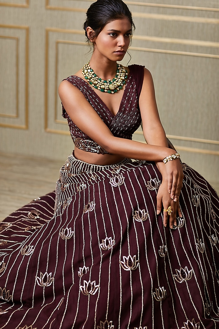 Plum Lotus Hand Embroidered Wedding Lehenga Set by Charu & Vasundhara at Pernia's Pop Up Shop