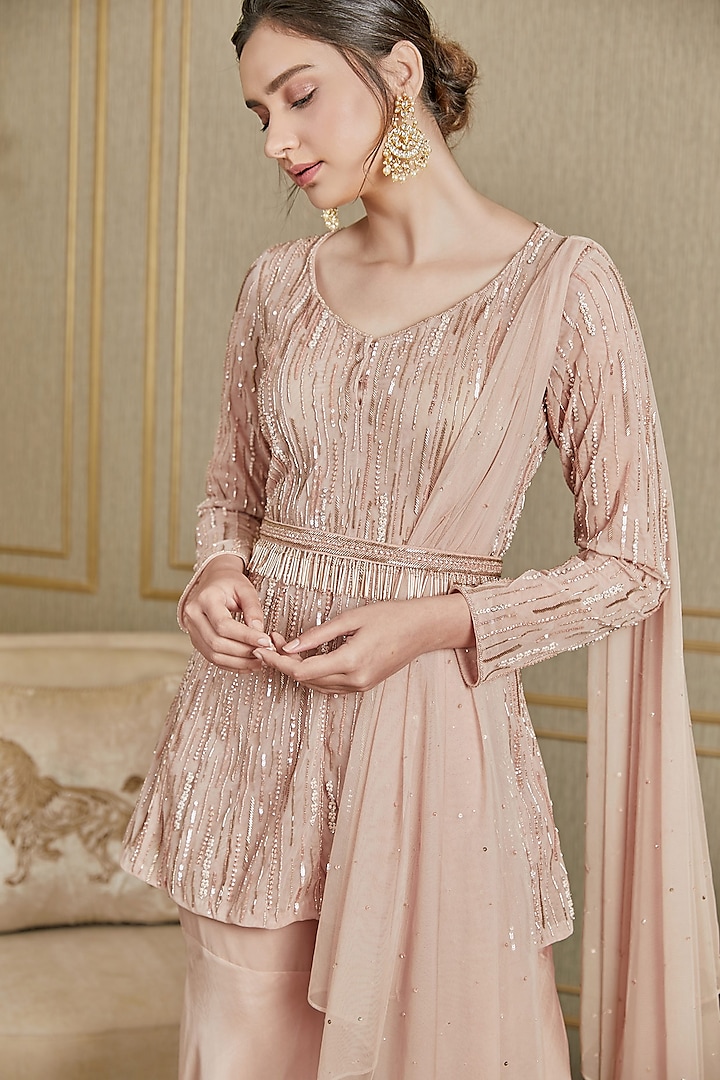 Blush Pink Hand Embroidered Party Wear Sharara Set With Belt by Charu & Vasundhara at Pernia's Pop Up Shop
