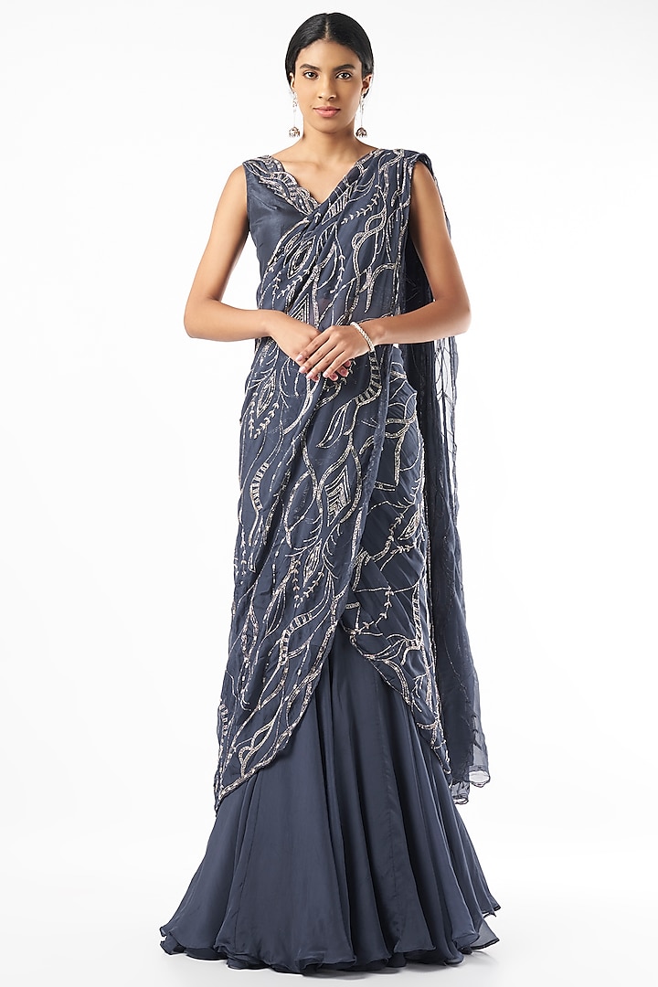 Teal Blue Chiffon Hand Embroidered Double-Layered Saree Set by Charu & Vasundhara