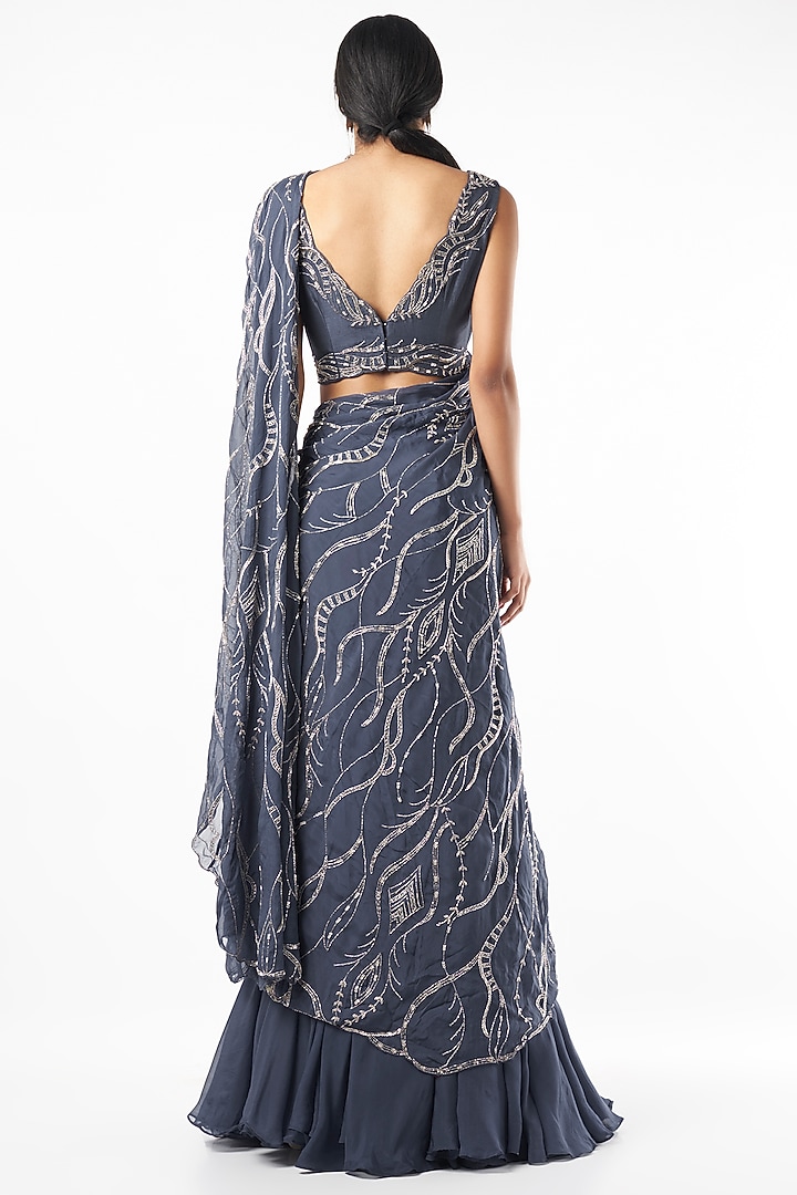Teal Blue Chiffon Hand Embroidered Double-Layered Wedding Saree Set by Charu & Vasundhara at Pernia's Pop Up Shop