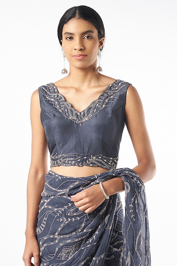 Teal Blue Chiffon Hand Embroidered Double-Layered Wedding Saree Set by Charu & Vasundhara at Pernia's Pop Up Shop