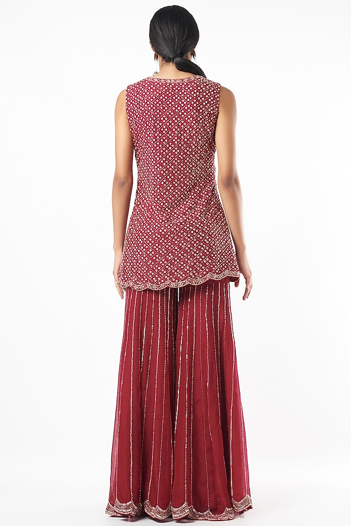Red Diamond Embroidered Kurta Set by Charu & Vasundhara at Pernia's Pop Up Shop