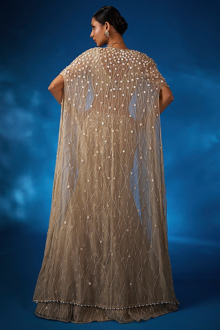 Champagne Net & Organza Embellished Jacket Bridal Lehenga Set by Charu & Vasundhara at Pernia's Pop Up Shop