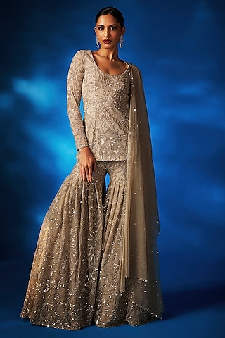Champagne Net Gharara Set by Charu & Vasundhara