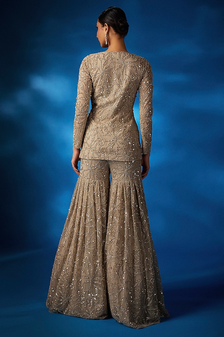 Champagne Net Gharara Set by Charu & Vasundhara at Pernia's Pop Up Shop
