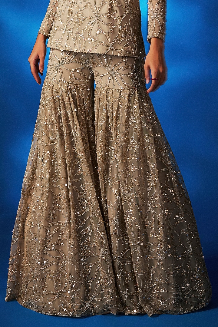 Champagne Net Gharara Set by Charu & Vasundhara at Pernia's Pop Up Shop