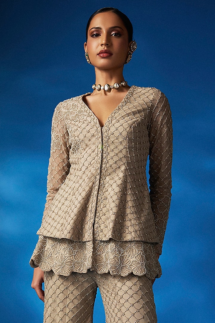 Champagne Net Bridal Sharara Set by Charu & Vasundhara at Pernia's Pop Up Shop