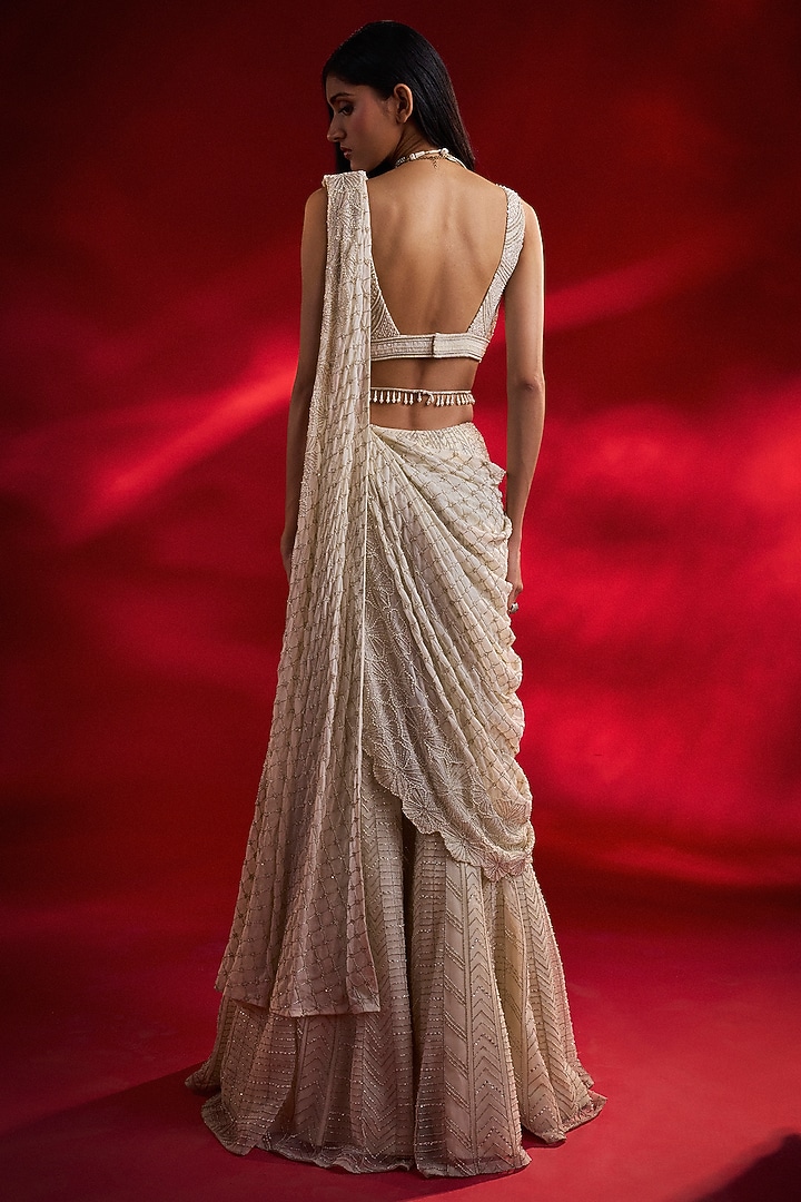 Ivory Net Embellished Draped Bridal Sharara Set by Charu & Vasundhara at Pernia's Pop Up Shop