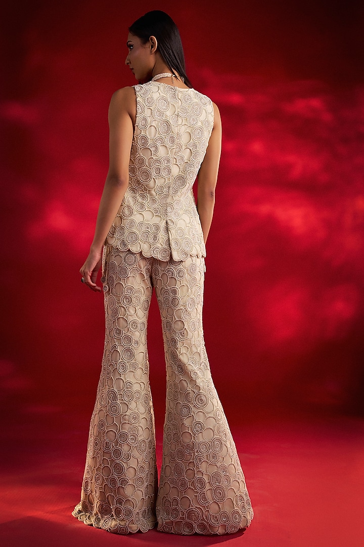 Ivory Net Hand Embroidered Pant Suit Set by Charu & Vasundhara at Pernia's Pop Up Shop