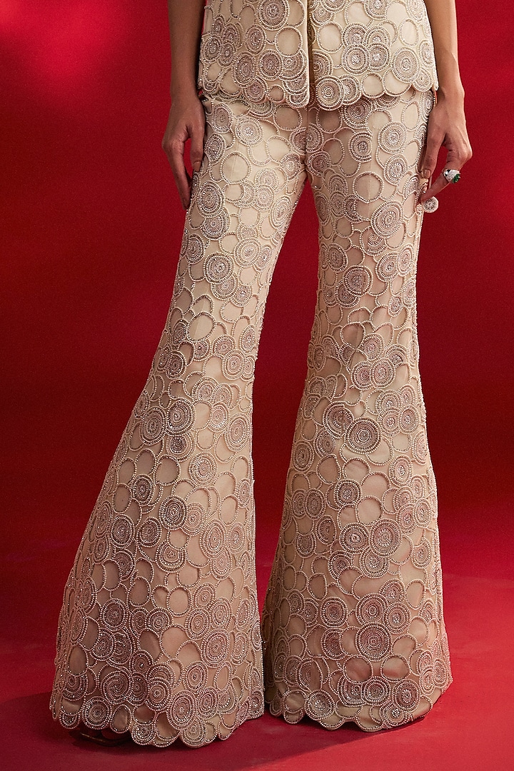 Ivory Net Hand Embroidered Pant Suit Set by Charu & Vasundhara at Pernia's Pop Up Shop