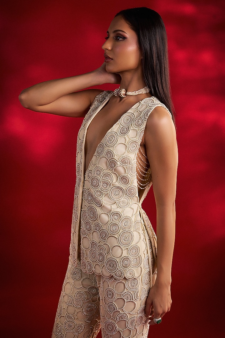 Ivory Net Hand Embroidered Pant Suit Set by Charu & Vasundhara at Pernia's Pop Up Shop
