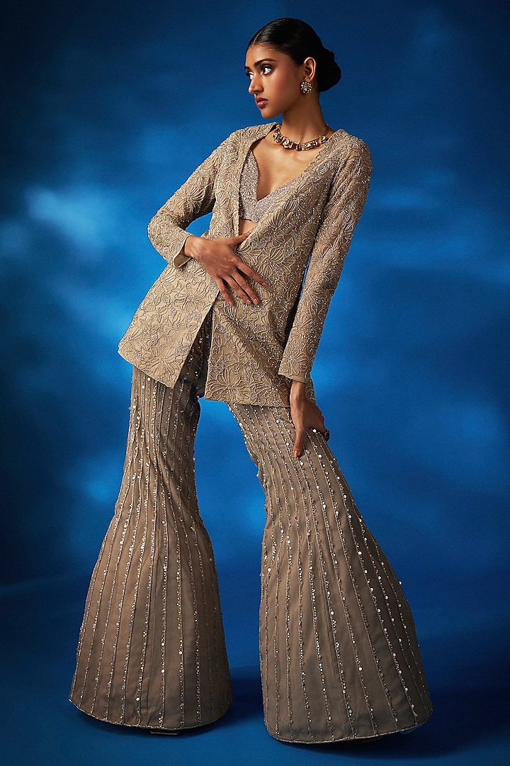 Champagne Net Hand Embroidered Pant Suit Set by Charu & Vasundhara
