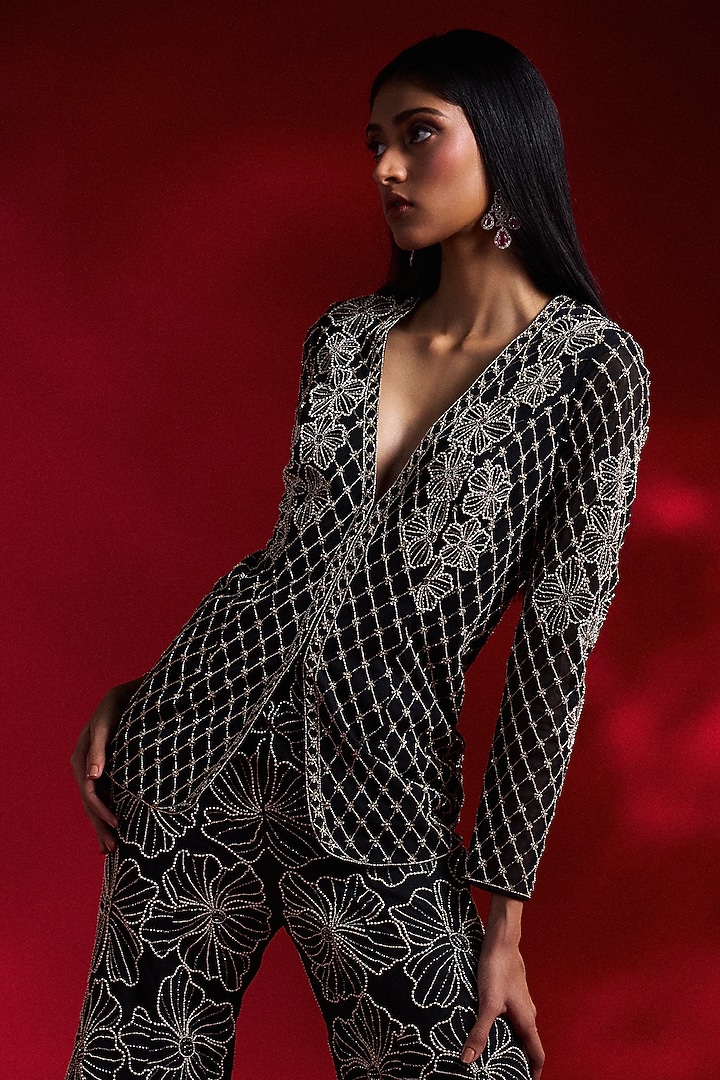 Blazer Net Hand Embroidered Blazer Set by Charu & Vasundhara at Pernia's Pop Up Shop