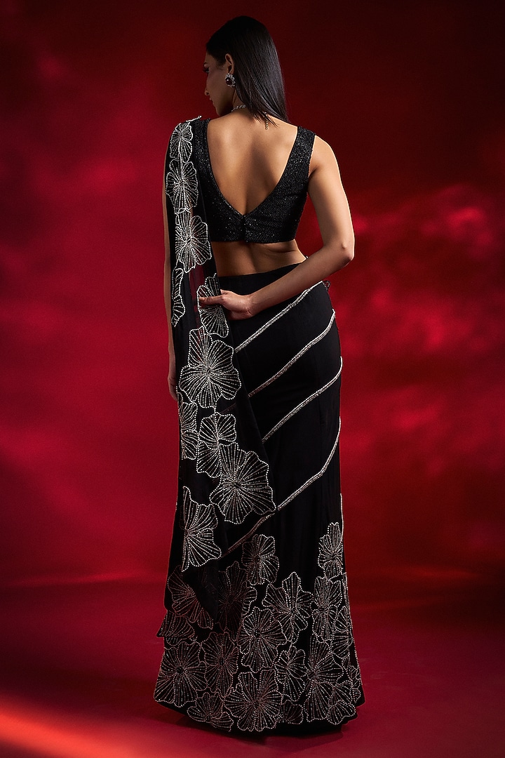 Black Organza Hand Embroidered Pre-Draped Wedding Saree Set by Charu & Vasundhara at Pernia's Pop Up Shop