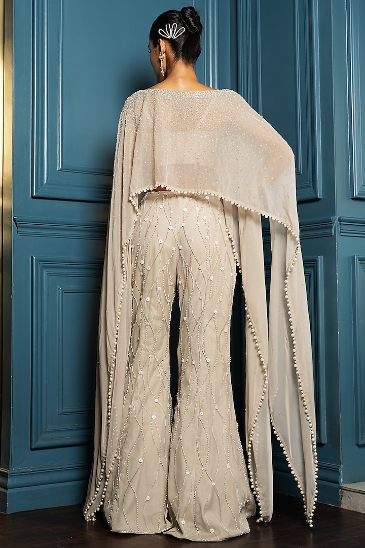 Champagne Net Line Embroidered Pant Set by Charu & Vasundhara at Pernia's Pop Up Shop