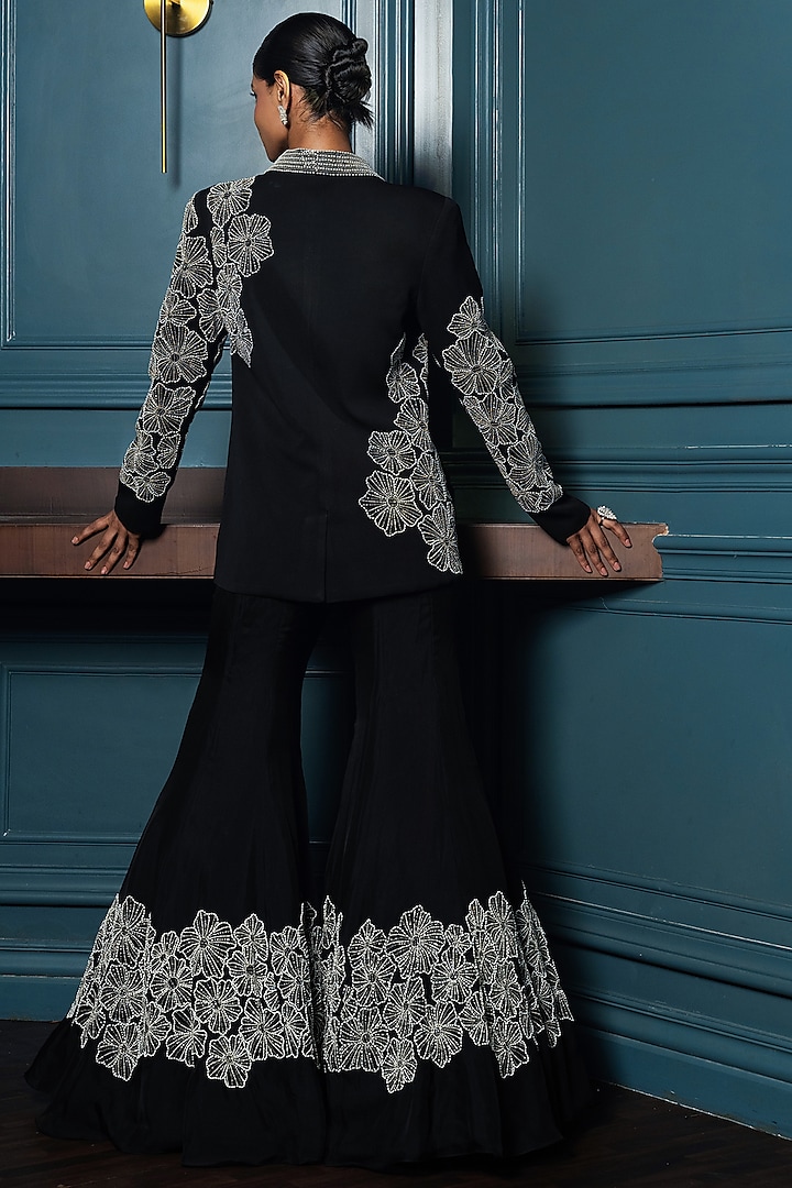 Black Georgette Floral Embroidered Blazer Set by Charu & Vasundhara at Pernia's Pop Up Shop
