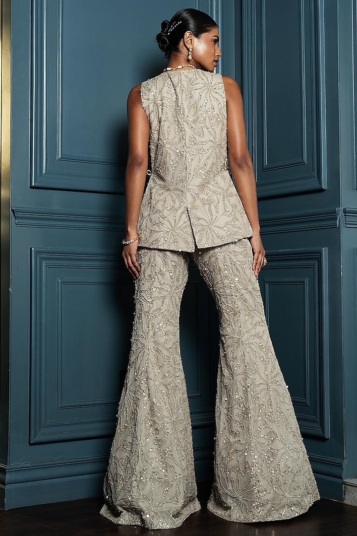 Champagne Net Floral Embroidered Jacket Set by Charu & Vasundhara at Pernia's Pop Up Shop