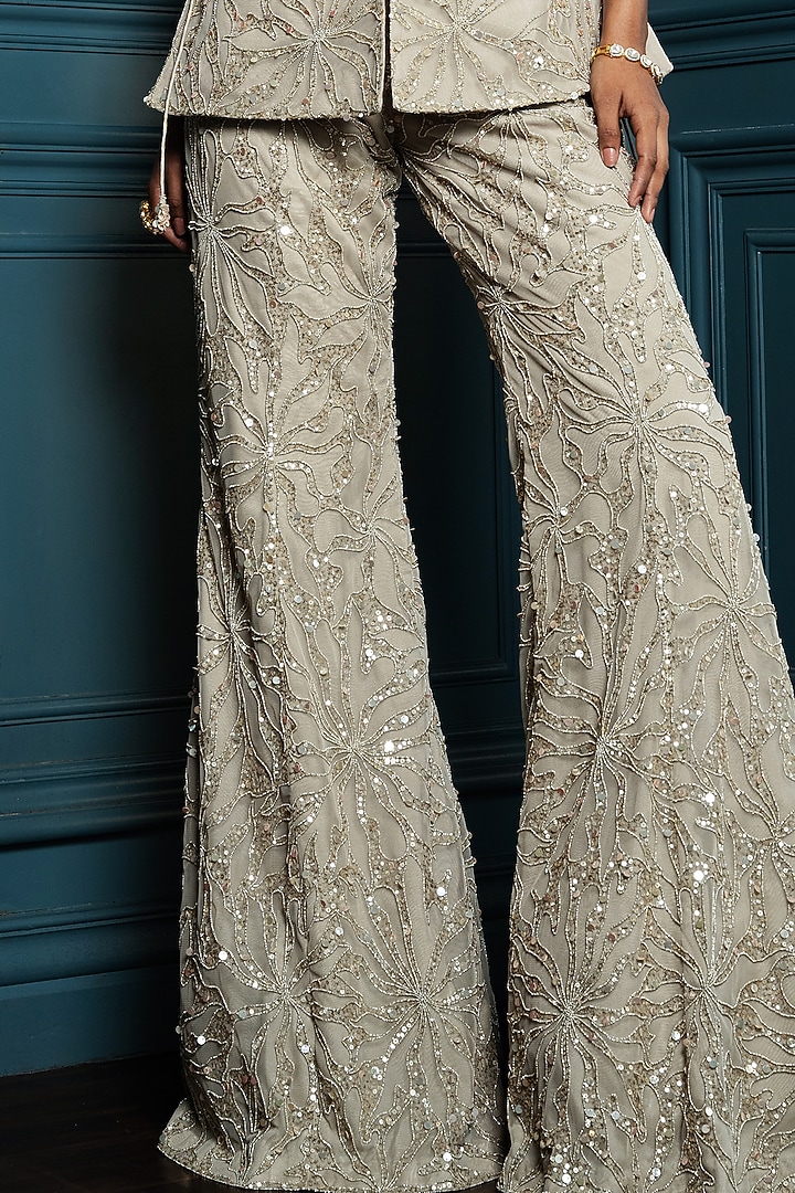 Champagne Net Floral Embroidered Jacket Set by Charu & Vasundhara at Pernia's Pop Up Shop
