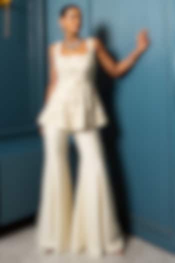 Ivory Organza Floral Hand Embroidered Peplum Kurta Set by Charu & Vasundhara at Pernia's Pop Up Shop