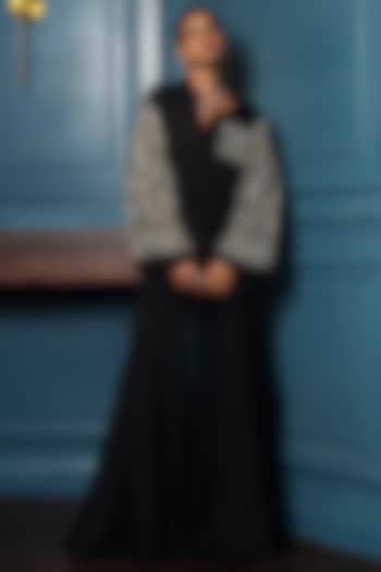 Black Chinon Floral Embroidered Pant Set by Charu & Vasundhara at Pernia's Pop Up Shop