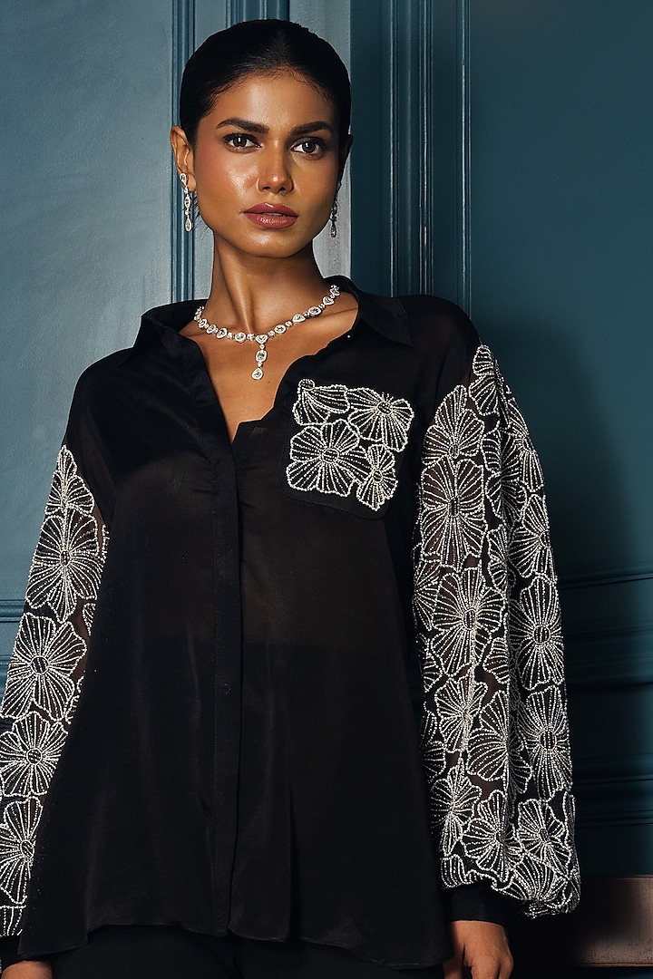 Black Chinon Floral Embroidered Shirt by Charu & Vasundhara
