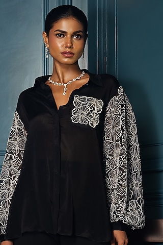 Black Chinon Floral Embroidered Shirt by Charu & Vasundhara