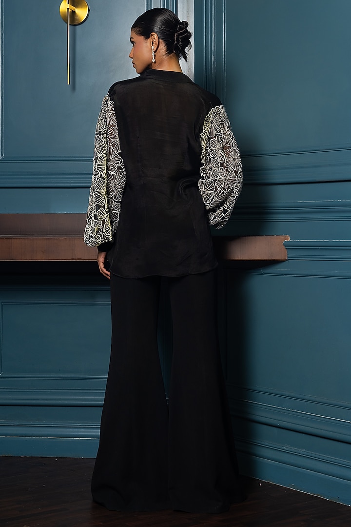 Black Chinon Floral Embroidered Shirt by Charu & Vasundhara at Pernia's Pop Up Shop