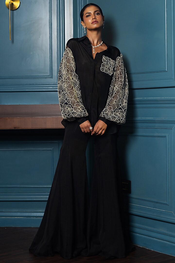Black Chinon Floral Embroidered Shirt by Charu & Vasundhara at Pernia's Pop Up Shop