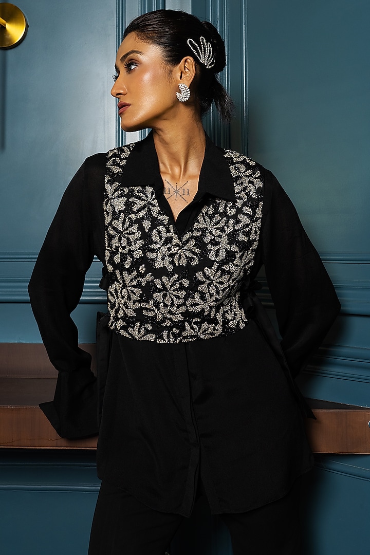 Black Satin Floral Embellished Vest with Shirt by Charu & Vasundhara