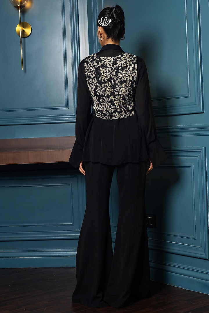 Black Satin Floral Embellished Vest with Shirt by Charu & Vasundhara at Pernia's Pop Up Shop