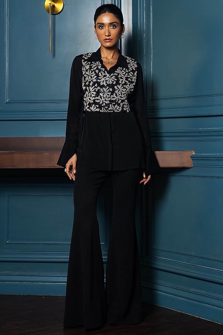 Black Satin Floral Embellished Vest with Shirt by Charu & Vasundhara at Pernia's Pop Up Shop