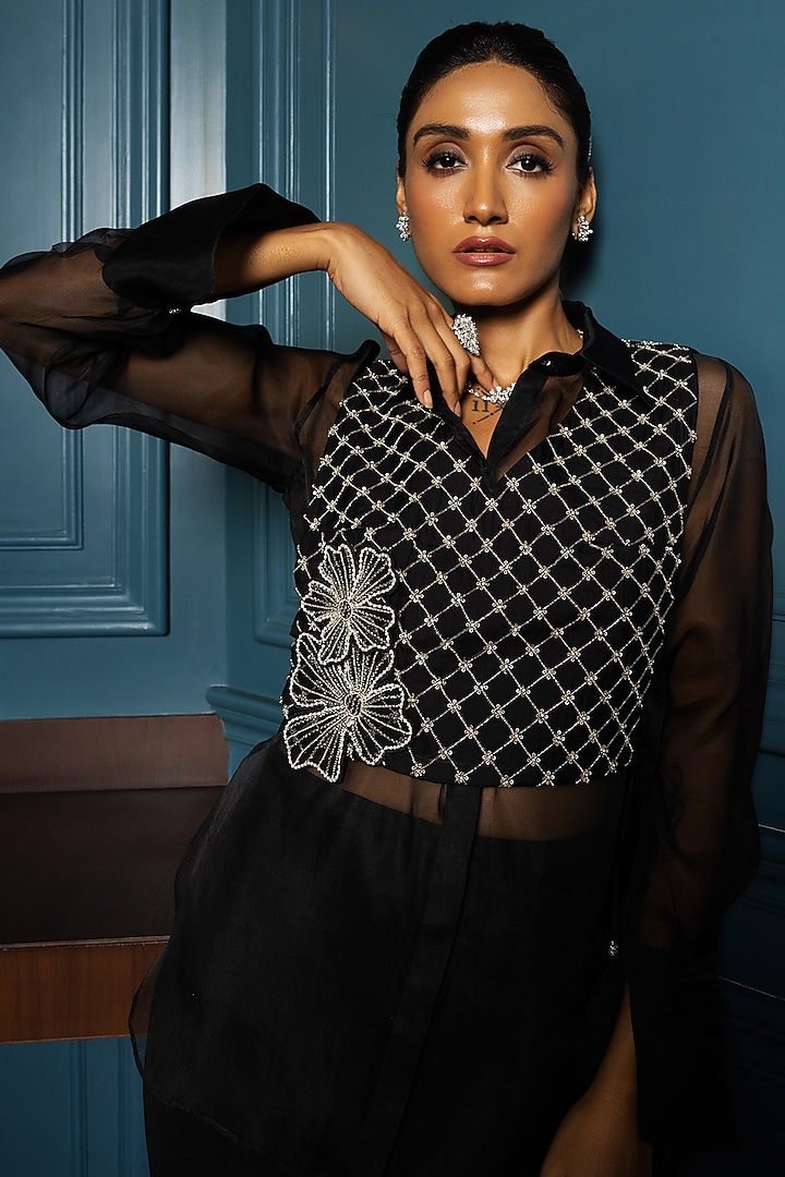 Black Georgette Pant Set by Charu & Vasundhara at Pernia's Pop Up Shop