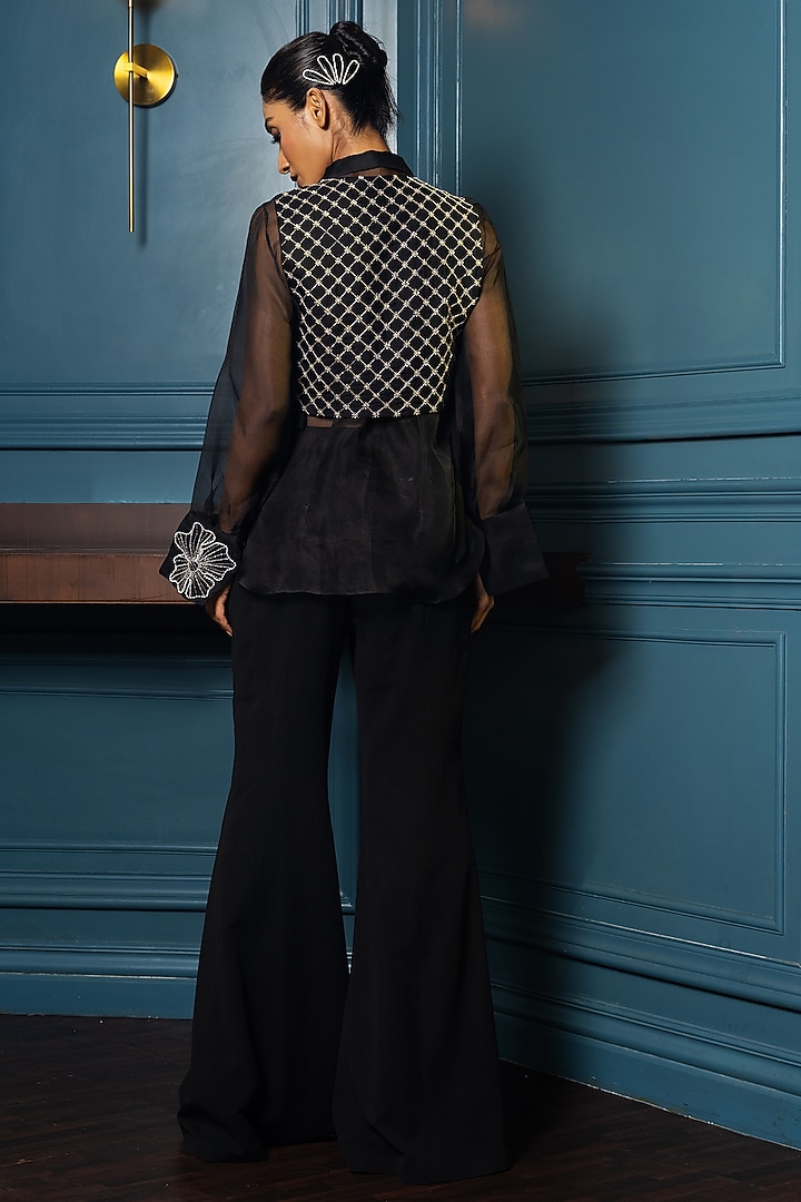 Black Satin Grid Embroidered Vest With Shirt by Charu & Vasundhara at Pernia's Pop Up Shop