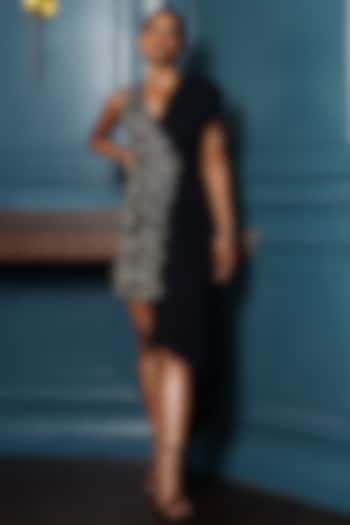 Black Georgette Knee-Length Hand Embellished Draped Dress by Charu & Vasundhara