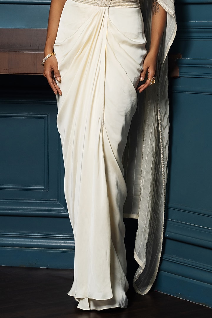 Ivory Satin Draped Skirt Set by Charu & Vasundhara at Pernia's Pop Up Shop