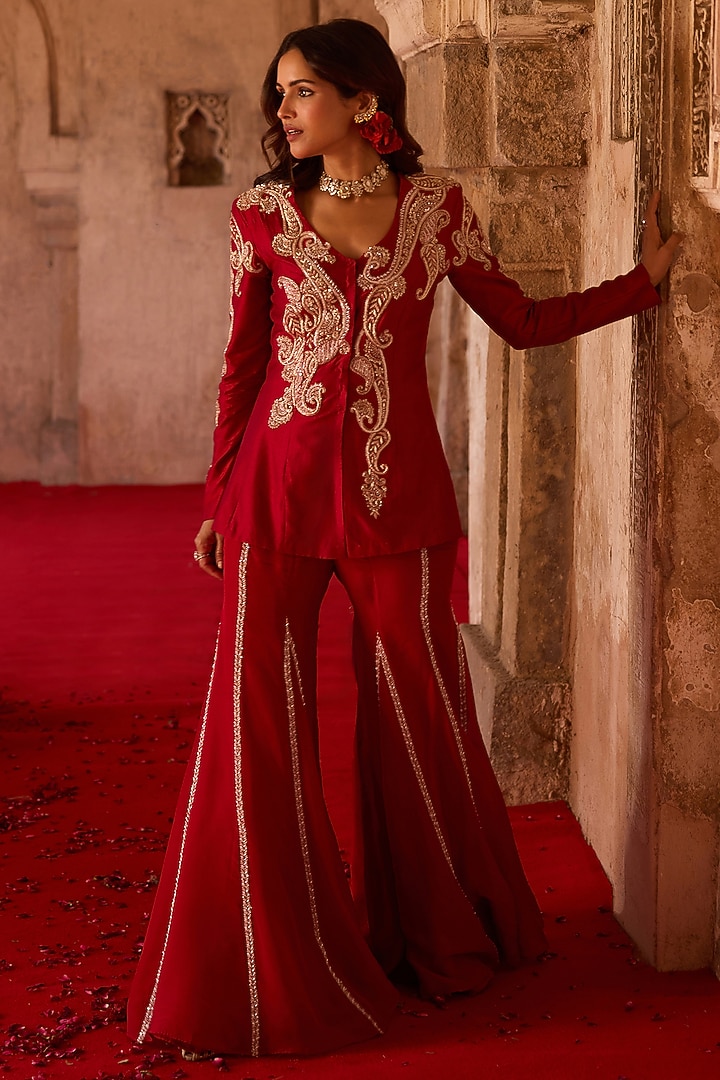 Burnt-Red Cupro Silk Paisley Embroidered Kurta Set by Charu & Vasundhara at Pernia's Pop Up Shop