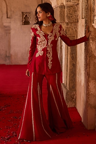 Burnt-Red Cupro Silk Paisley Embroidered Kurta Set by Charu & Vasundhara