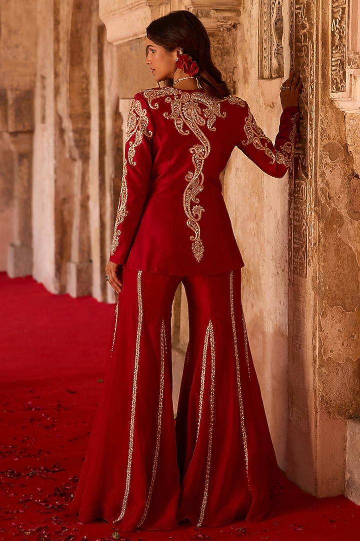 Burnt-Red Cupro Silk Paisley Embroidered Kurta Set by Charu & Vasundhara at Pernia's Pop Up Shop