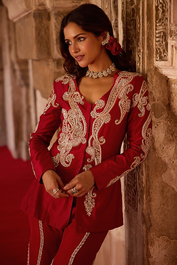 Burnt-Red Cupro Silk Paisley Embroidered Kurta Set by Charu & Vasundhara at Pernia's Pop Up Shop