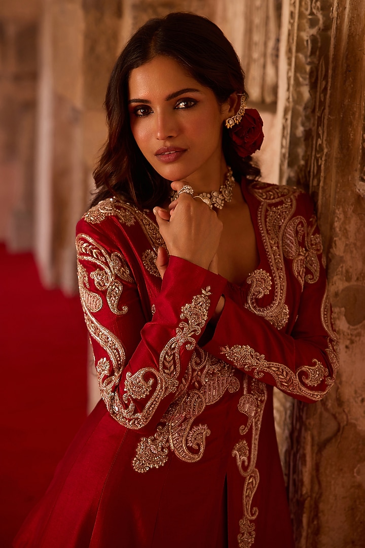 Burnt-Red Cupro Silk Paisley Embroidered Kurta Set by Charu & Vasundhara at Pernia's Pop Up Shop