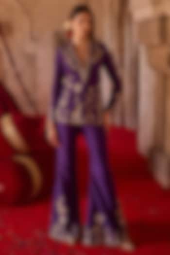 Purple Cupro Silk Forest Embroidered Jacket Set by Charu & Vasundhara at Pernia's Pop Up Shop