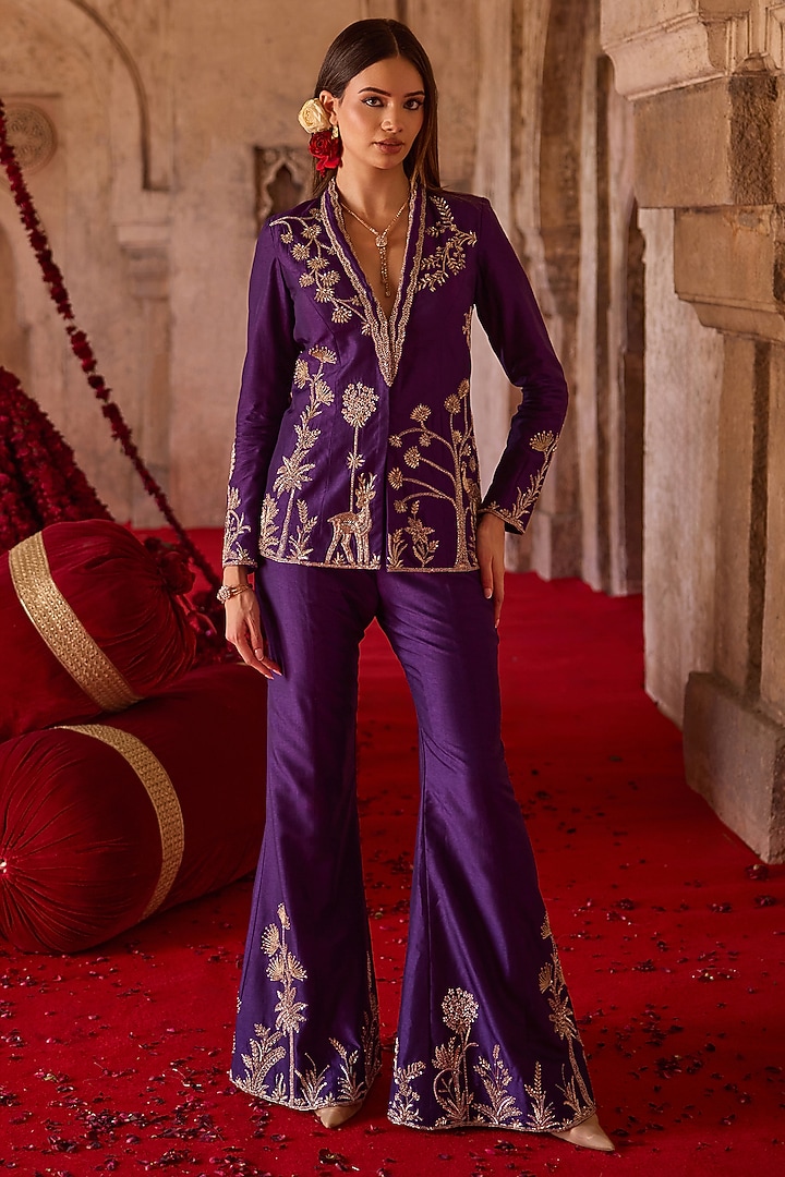 Purple Cupro Silk Forest Embroidered Jacket Set by Charu & Vasundhara at Pernia's Pop Up Shop