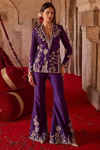 Purple Cupro Silk Forest Embroidered Jacket Set by Charu & Vasundhara