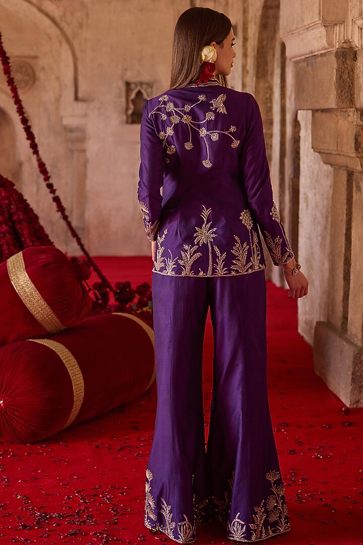 Purple Cupro Silk Forest Embroidered Jacket Set by Charu & Vasundhara at Pernia's Pop Up Shop