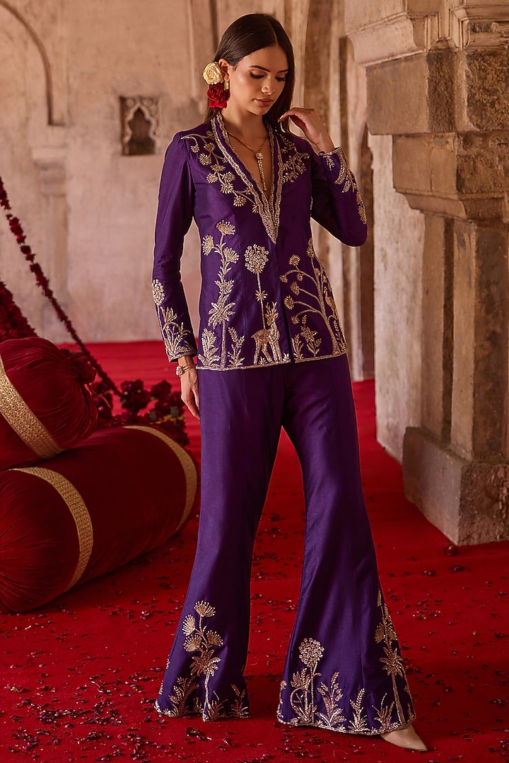 Purple Cupro Silk Forest Embroidered Jacket Set by Charu & Vasundhara at Pernia's Pop Up Shop