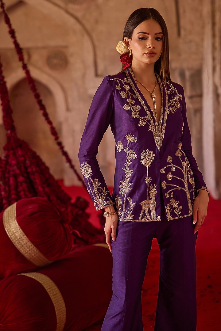 Purple Cupro Silk Forest Embroidered Jacket Set by Charu & Vasundhara at Pernia's Pop Up Shop
