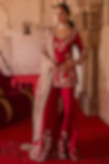 Burnt-Red Forest Embroidered Taffeta Wedding Sharara Set by Charu & Vasundhara at Pernia's Pop Up Shop