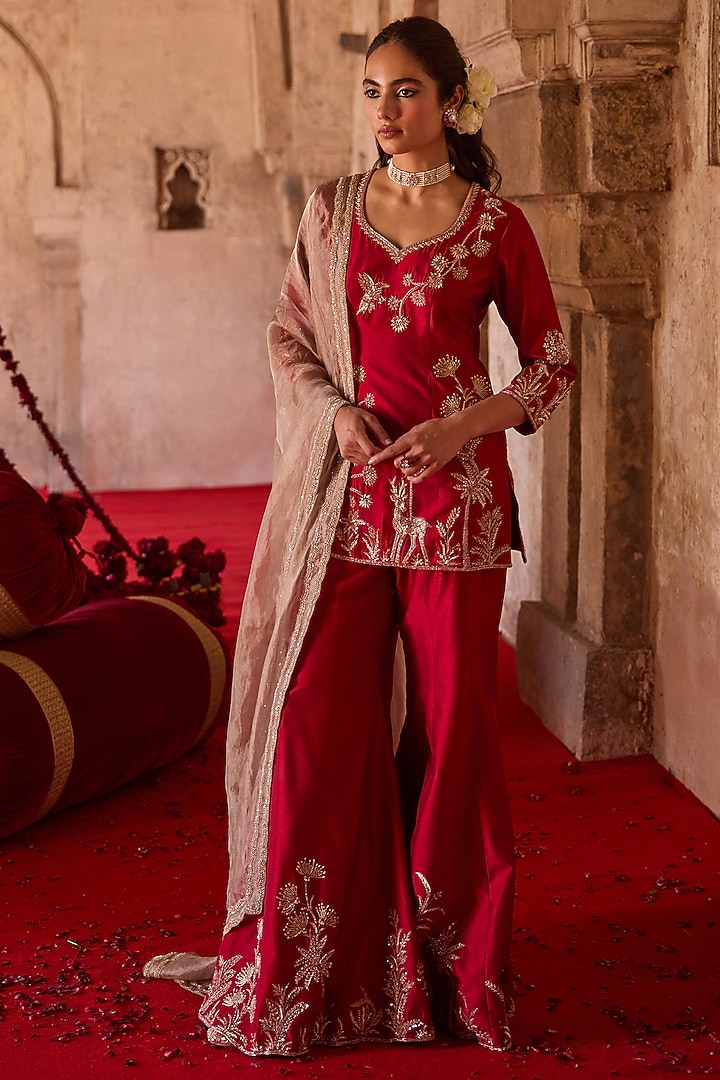 Burnt-Red Forest Embroidered Taffeta Wedding Sharara Set by Charu & Vasundhara at Pernia's Pop Up Shop