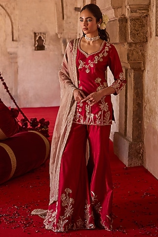 Burnt-Red Forest Embroidered Taffeta Sharara Set by Charu & Vasundhara